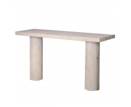 Luxusní moderní masivní konzolový stolek Jonas s obdélníkovou vrchní deskou se dvěma mohutnými válcovitými nohami z recyklovaného dřeva s lakováním v béžové barvě s přiznanou kresbou letokruhů