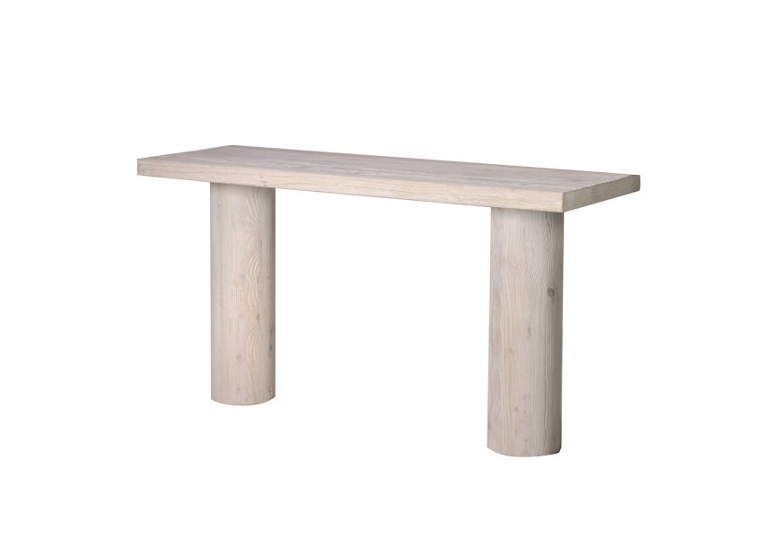 Luxusní moderní masivní konzolový stolek Jonas s obdélníkovou vrchní deskou se dvěma mohutnými válcovitými nohami z recyklovaného dřeva s lakováním v béžové barvě s přiznanou kresbou letokruhů