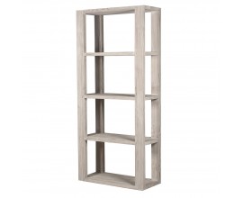 Luxusní moderní masivní krémový regál Jonas bez nožiček se čtyřmi policemi a lineárním rámem z recyklovaného dřeva s výraznou kresbou letokruhů