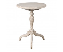 Luxusní vintage kulatý příruční stolek Dufrain s jednou nohou a vyřezávaným zdobením v krémové béžové patinované barvě 73 cm