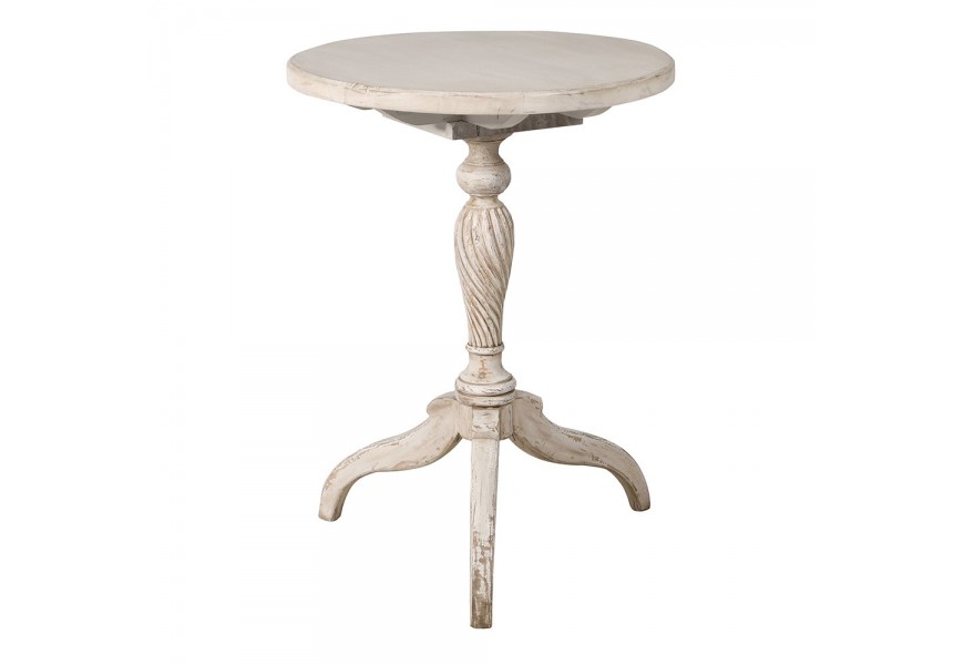 Luxusní klasický barový stůl Dufrain z masivního dřeva s krémovým patinovaným nátěrem s kulatou vrchní deskou a jednou nohou s tříramennou podstavou s vyřezávaným zdobením