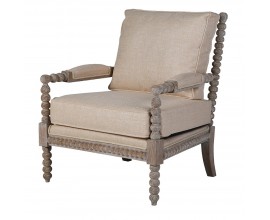 Luxusní designové křeslo Boia s masivním rámem z mahagonového dřeva ve světle hnědé barvě s vyřezávanými kuličkami na opěrkách a nožičkách s čalouněním s potahem v béžové barvě ze směsi lnu a mikrovlákna