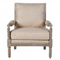 Luxusní vintage křeslo Boia s vyřezávaným hnědým dřevěným rámem s kuličkami a béžovým lněným čalouněním 92 cm
