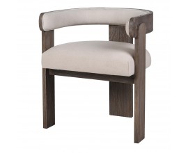 Luxusní designová jídelní židle Hiram s rámem z masivního dřeva mindi v tmavě hnědé barvě se třemi nohama a opěrkou ve tvaru U s čalouněním a textilním lněným potahem v naturální světlé béžové barvě