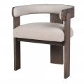 Luxusní designová jídelní židle Hiram s rámem z masivního dřeva mindi v tmavě hnědé barvě se třemi nohama a opěrkou ve tvaru U s čalouněním a textilním lněným potahem v naturální světlé béžové barvě