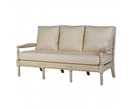 Luxusní klasická trojsedačka Boia se světlým hnědým rámem z masivního recyklovaného dřeva s vyřezávanými kuličkami s čalouněním a potahem ze lnu a bavlny v naturální světlé béžové barvě