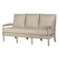 Luxusní klasická trojsedačka Boia se světlým hnědým rámem z masivního recyklovaného dřeva s vyřezávanými kuličkami s čalouněním a potahem ze lnu a bavlny v naturální světlé béžové barvě