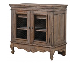 Luxusní vintage masivní příborník Selton z recyklovaného dřeva v naturální hnědé barvě s klasickým vyřezávaným zdobením s policí a dvěma vnitřními zásuvkami s dvojitými dvířky s pletivovým kovovým výpletem