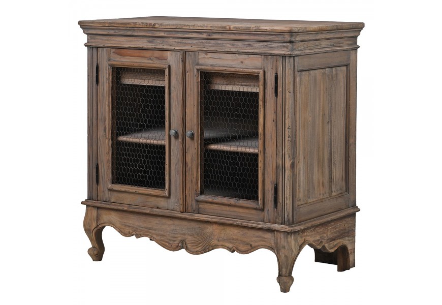 Luxusní vintage masivní příborník Selton z recyklovaného dřeva v naturální hnědé barvě s klasickým vyřezávaným zdobením s policí a dvěma vnitřními zásuvkami s dvojitými dvířky s pletivovým kovovým výpletem