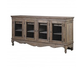 Luxusní vintage klasický masivní příborník Selton v naturálním hnědém provedení s patinovaným efektem se čtyřmi dvířky s drátěným výpletem a vyřezávaným zdobením