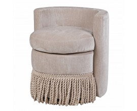 Glamour béžové designové otočné křeslo Trist kulatého tvaru se zádovou opěrkou s kulatým polštářem k sezení s dekorativními třásněmi s kovovou podstavou ve zlaté barvě