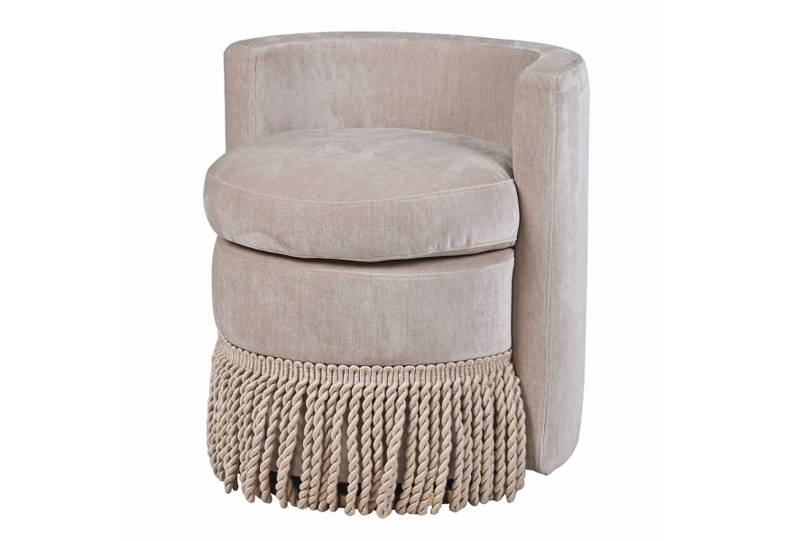 Glamour béžové designové otočné křeslo Trist kulatého tvaru se zádovou opěrkou s kulatým polštářem k sezení s dekorativními třásněmi s kovovou podstavou ve zlaté barvě