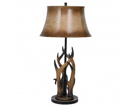 Designová hnědá stolní lampa Donovan s černou kovovou konstrukcí a dekorem v podobě realistického umělého paroží s koženým stínítkem s gradientovým efektem a zlatou konstrukcí