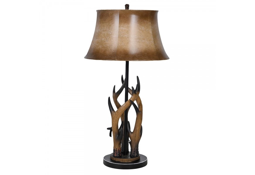 Designová hnědá stolní lampa Donovan s černou kovovou konstrukcí a dekorem v podobě realistického umělého paroží s koženým stínítkem s gradientovým efektem a zlatou konstrukcí Designová hnědá stolní lampa Donovan s černou kovovou konstrukcí a dekorem v podobě realistického umělého paroží s koženým stínítkem s gradientovým efektem a zlatou konstrukcí