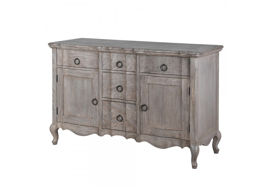 Luxusní vintage příborník Château Gris v šedé barvě s pěti zásuvkami a dvěma dvířky s kovovými kulatými mosaznými úchyty a kabriolovými nožičkami s vyřezáváním