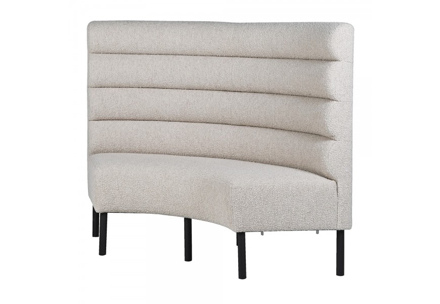 Luxusní moderní rohová béžová lavice Belva s buklé textilií s prodlouženou vysokou zádovou opěrkou se šestými nožičkami ze dřeva v černé barvě