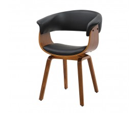 Dizajnové kožené masívne jedálenské kreslo Ecco s dreveným rámom v orechovej hnedej farbe s kresbou letokruhov so sedadlom v tvare U s čalúnením a poťahom z ekokože v čiernej farbe