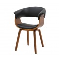Dizajnové kožené masívne jedálenské kreslo Ecco s dreveným rámom v orechovej hnedej farbe s kresbou letokruhov so sedadlom v tvare U s čalúnením a poťahom z ekokože v čiernej farbe