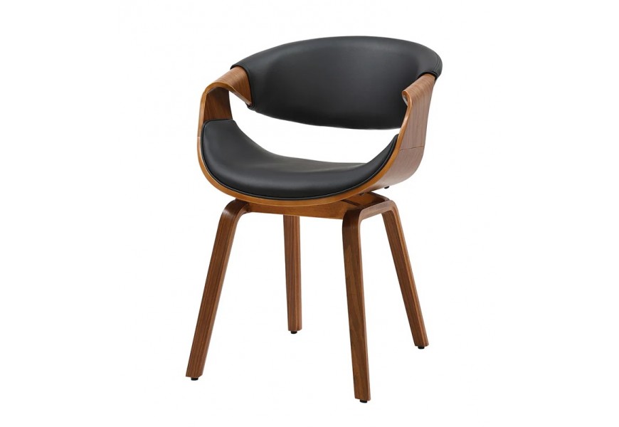 Retro kožená masivní jídelní židle Norwich v ořechové hnědé barvě s potahem z ekokůže v černé barvě s designovou prohnutou opěrkou