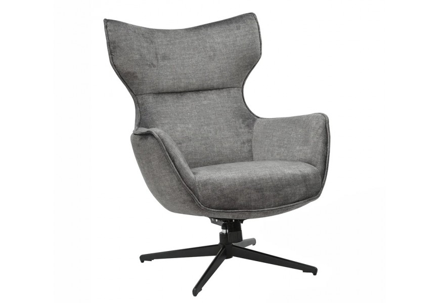 Designové industriální polohovatelné křeslo Krespa s čalouněním a potahem ze sametu v šedé barvě s rozšířenou opěrkou na hlavu s otočnou nohou z kovu v matné černé barvě se čtyřmi rameny