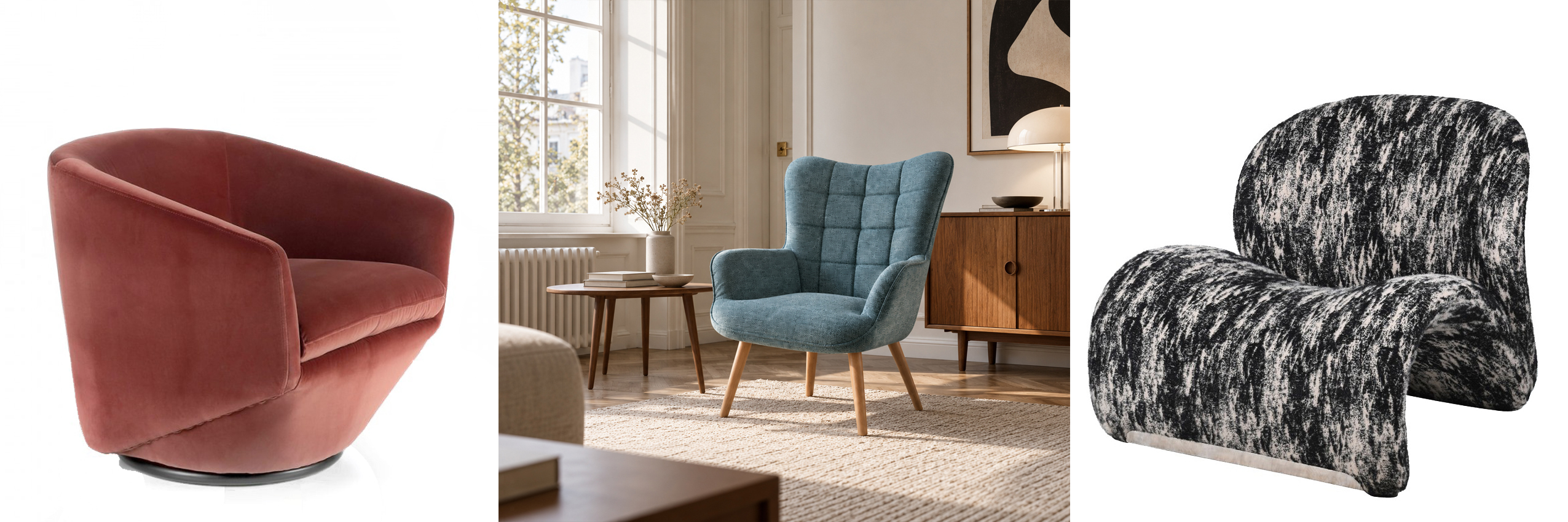 Luxusní designová křesla růžové moderní křeslo Forma Moderna se sametovým potahem a modré skandinávské křeslo Scandinavia typu ušák a moderní křeslo Wave s černobílým mramorovaným vzorem