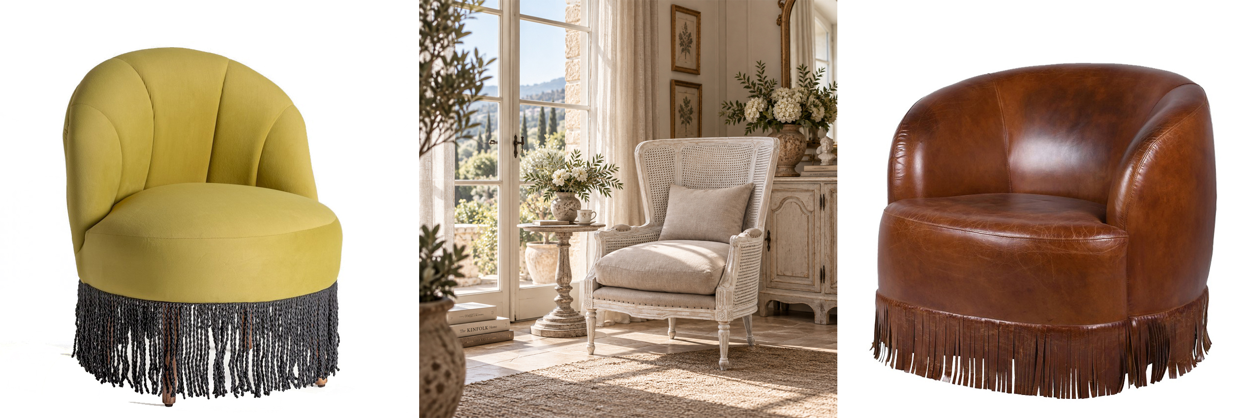 Designová akcentová křesla kulaté glamour křeslo Zimis se zeleným sametovým potahem a černými třásněmi a krémové vintage křeslo Lento s masivním rámem s čalouněním a ratanovým výpletem a retro křeslo Texas s hnědým potahem z pravé kůže s třásněmi
