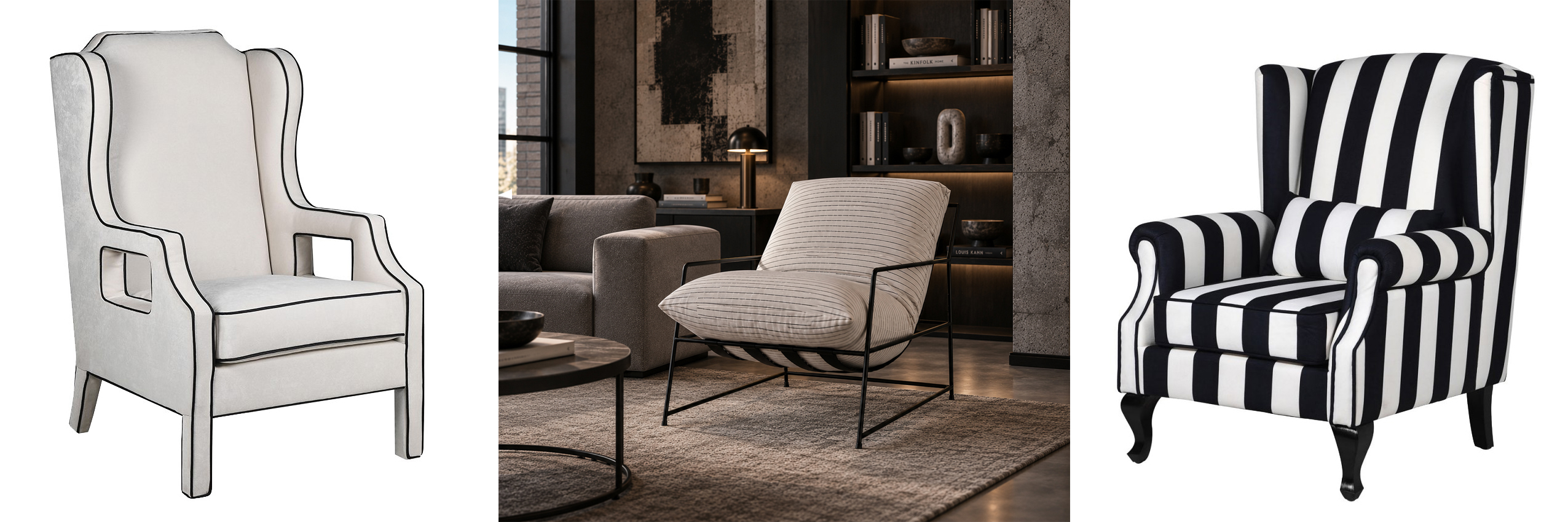 Designová křesla v černé a bílé barvě klasické křeslo Tallys s celoplošným potahem a kontrastním lemováním a industriální křeslo Zazel se štíhlou kovovou konstrukcí a mohutným čalouněným polštářem a klasické křeslo Cruella s pruhovaným vzorem a vyřezávanými