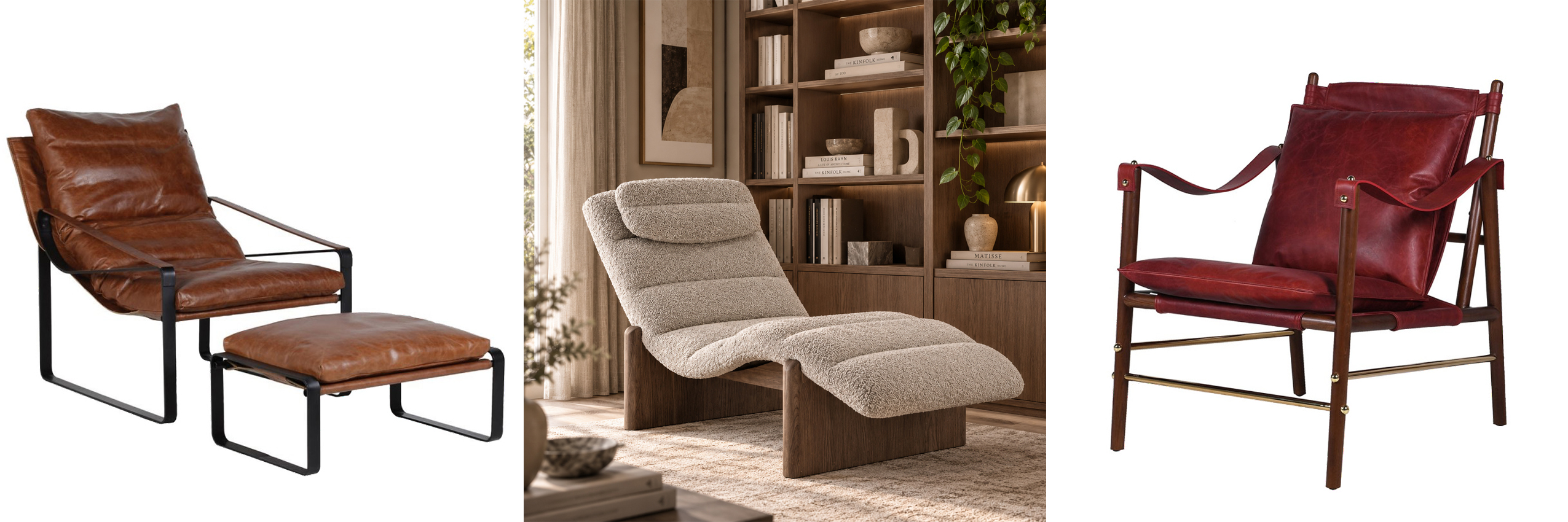 Designová křesla v černé a bílé barvě klasické křeslo Tallys s celoplošným potahem a kontrastním lemováním a industriální křeslo Zazel se štíhlou kovovou konstrukcí a mohutným čalouněným polštářem a klasické křeslo Cruella s pruhovaným vzorem a vyřezávanými