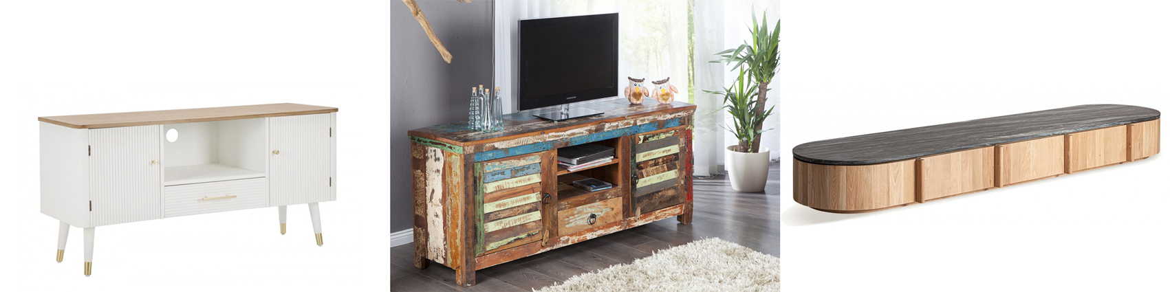 Stylový art deco televizní stolek Samira v bílé barvě se zlatým detailem a designový vintage masivní TV stolek Jakarta s efektem vymyté barvy a luxusní moderní nízký televizní stolek Naria s černou mramorovou vrchní deskou