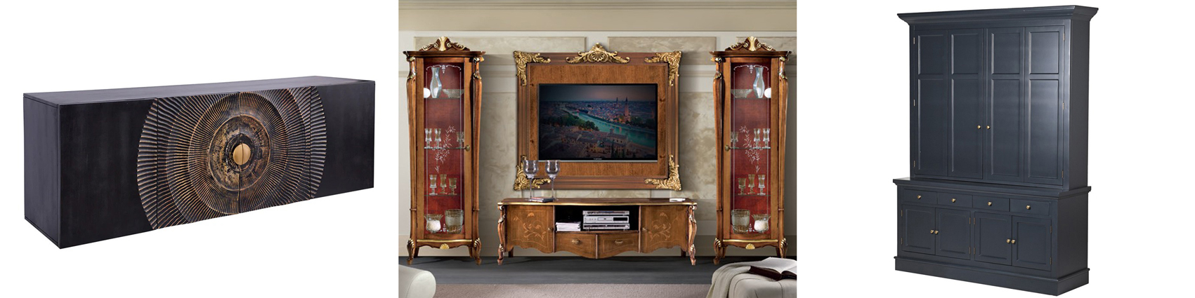Designový závěsný černý TV stolek Cumbria s vyřezávaným reliéfem a luxusní rustikální obývací stěna Pasiones se zlatým zdobením a černá obývací skříň Riva Noire s uzavíratelnou TV skříňkou a úložným prostorem