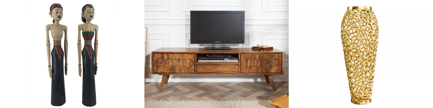 Luxusní etno sada dvou dekorativních figur Loro Blonyo v indonéském stylu a designový masivní TV stolek Mozaika v retro stylu s dvířky s intarzií a zlatá kovová art deco váza Hoja