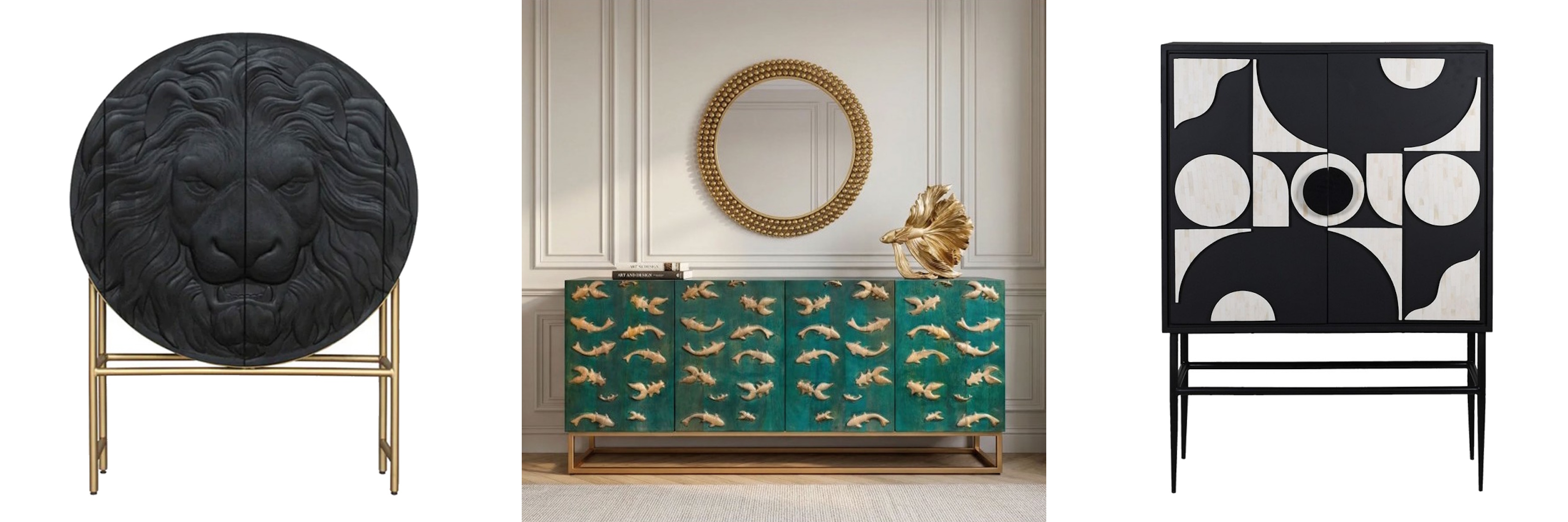 Luxusní designový úložný nábytek kulatá černá barová skříňka Simba v glamour stylu s reliéfem lva a zlatýma nohama a vintage příborník Cumbria v zelené barvě s plastickým vzorem japonských kaprů a art deco černobílá barová skříňka Vasilij s geometrickou avantgardní intarzi
