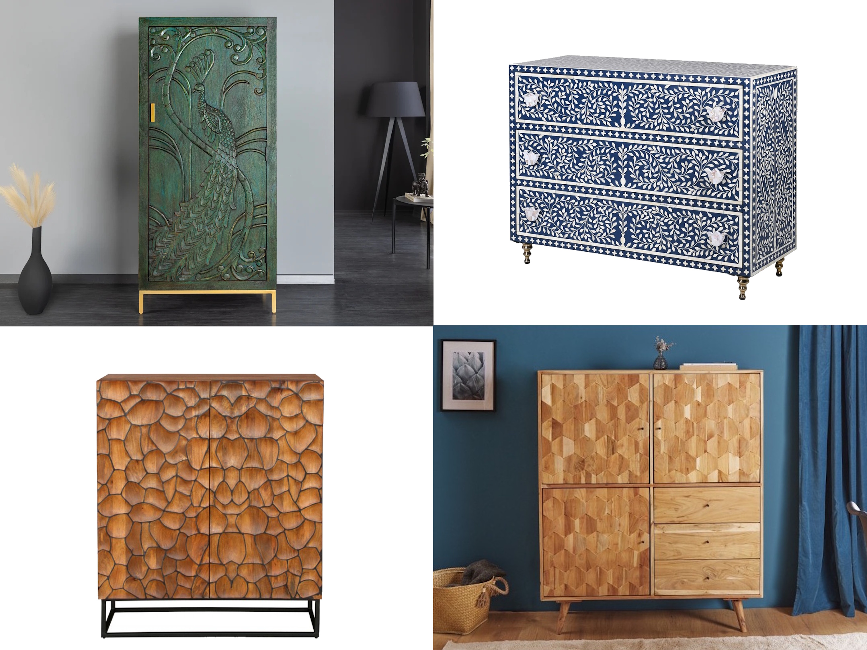Designový nábytek zelená vintage barová skříňka Birdy s reliéfem páva s vintage komoda Daytona s intarzií s motivem listů v bílé a modré barvě a industriální barová skříňka Timanfaya s reliéfním vzorem s organickým motivem a masivní akáciová skříňka Mozaika v retro stylu