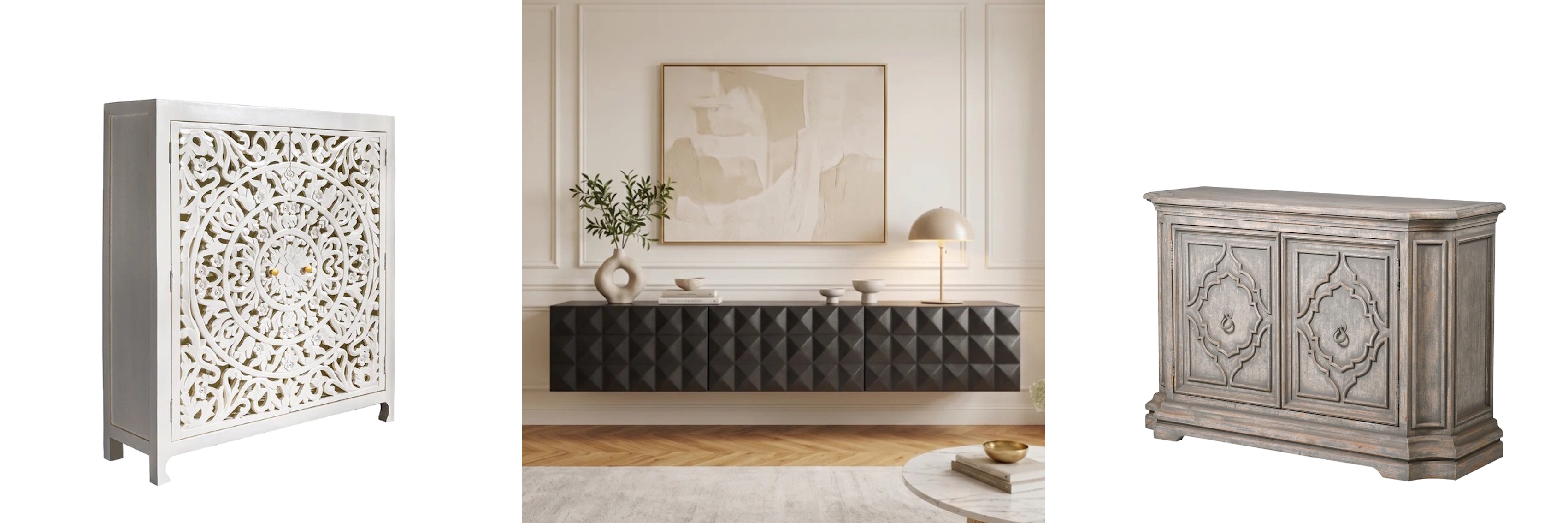 Designový vyřezávaný nábytek bílá barová skříňka Orient s bohatým vyřezávaným etno vzorem mandaly a moderní závěsný TV stolek Vinan s geometrickým diamantovým reliéfem v černé barvě a vintage dvoudveřový příborník Oceanside s florálním motivem ve světle hnědé patinované barvě
