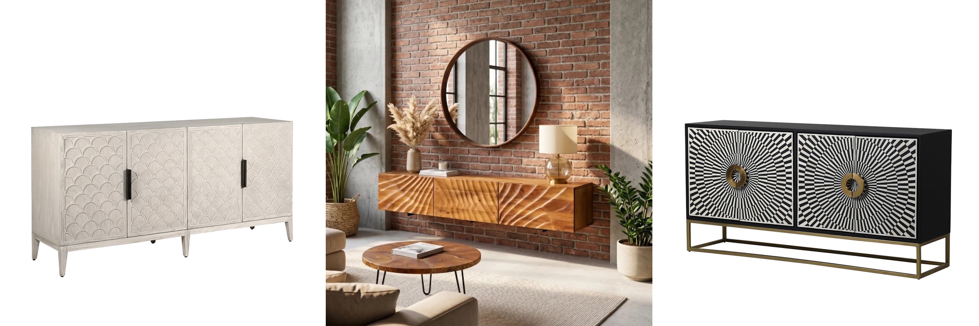 Luxusní nábytek s dekorativními čely krémový vintage příborník Sirene s reliéfem šupin a závěsný TV stolek Cumbria s organickým reliéfem vlny v moderním stylu a art deco příborník Siciliano v černé a bílé barvě s kostovou intarzií a zlatými detaily