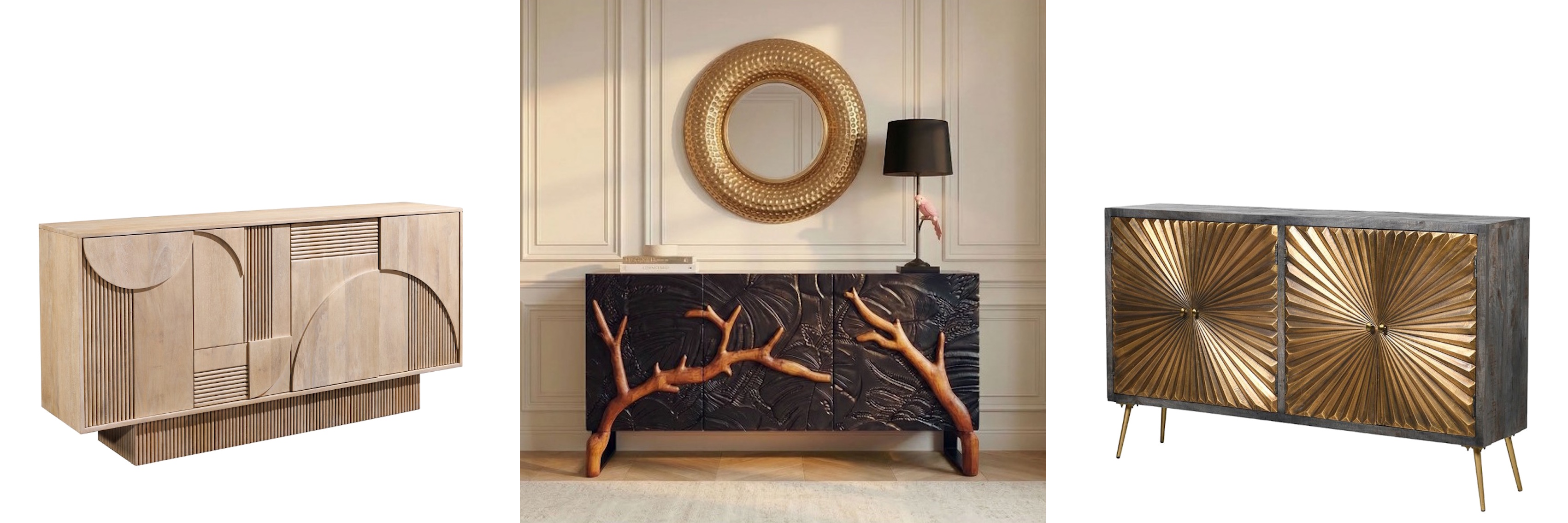 Designové příborníky s dekorativními čely světlý hnědý příborník Sonia s art deco geometrickým reliéfem a etno příborník Cumbria v černé barvě s plastickými hnědými větvemi a glamour příborník Svit s kovovými dvířky se vzorem paprsků ve zlaté a černé barvě