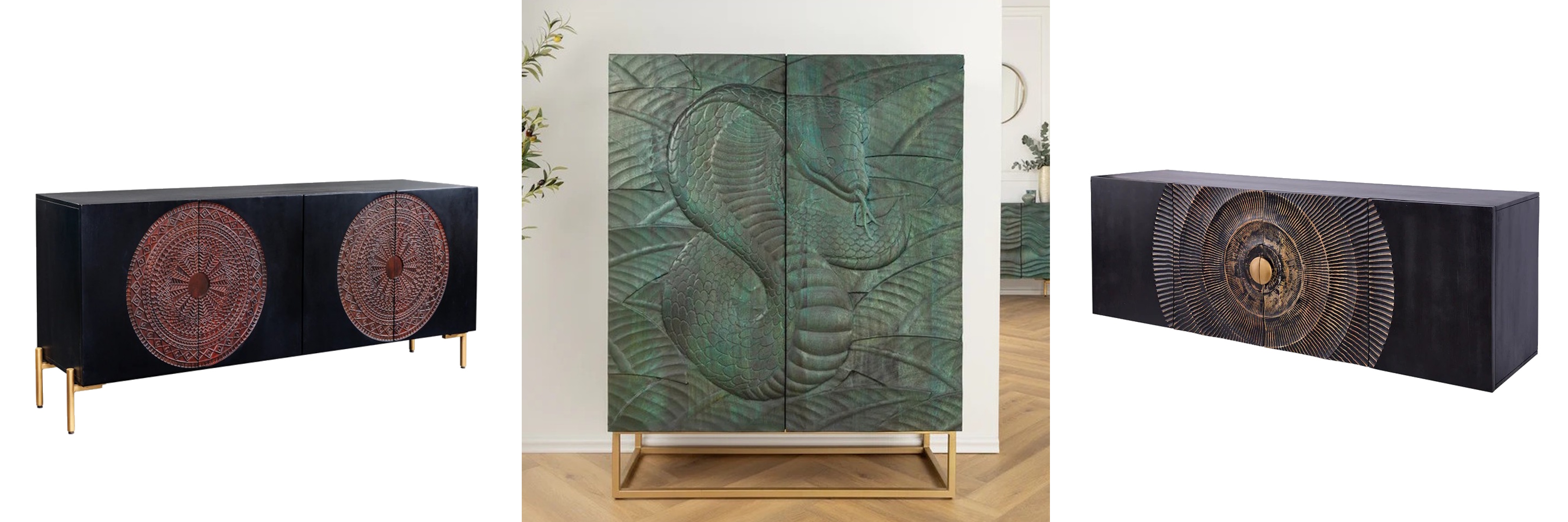 Designový dekorativní úložný nábytek etno příborník Mandala v černé barvě s hnědým ornamentálním zdobením a barová skříňka Cumbria v zeleném provedení d reliéfem hada v moderním stylu a nástěnný tv stolek Cumbria s orientálním nádechem v černé barvě se zlatým motivem slunce
