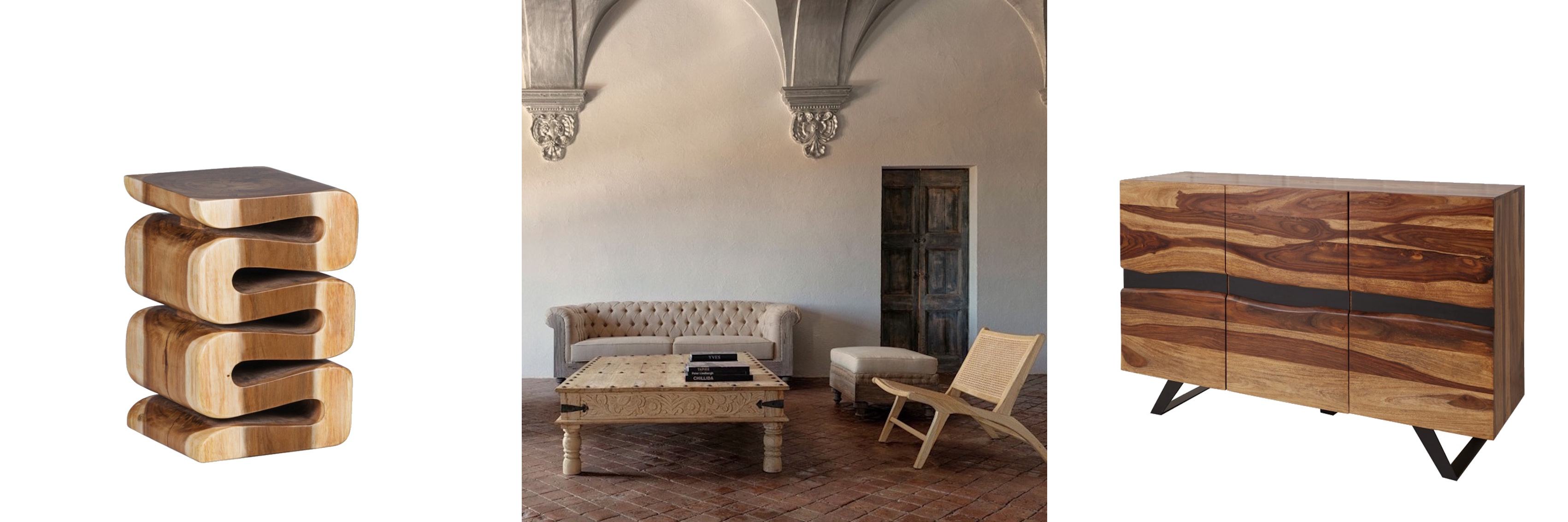 Designový nábytek příruční stolek Rosario ze dřeva suar se zvlněným designem a kontrastní bílo-hnědou kresbou a vintage sestava obývacího nábytku Gretchen s patinovaným efektem ve světlých tónech a moderní příborník Amazonas z palisandru s výraznou strukturou v hnědých odstínech