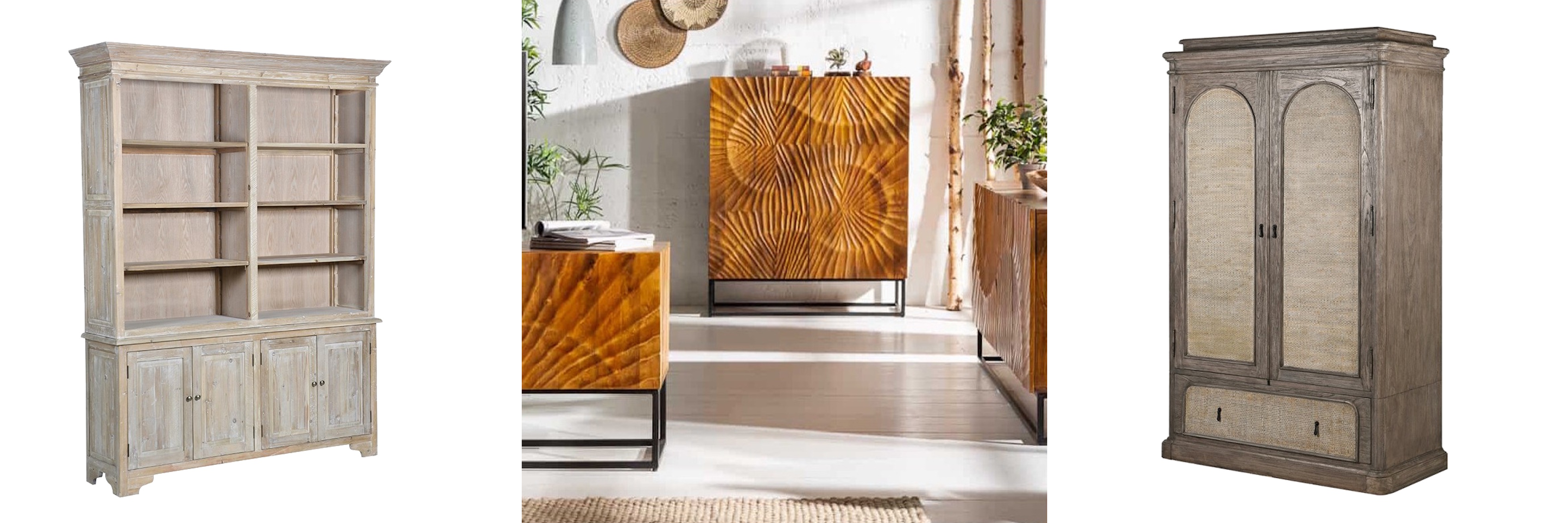 Luxusní dřevěný nábytek vintage knihovna Maude se skříňkou a šuplíky a moderní sestava obývacího nábytku Cumbria s reliéfním zdobením a vintage dvoudveřová šatní skříň Rickon se světlým ratanovým výpletem a tmavý hnědým dřevem