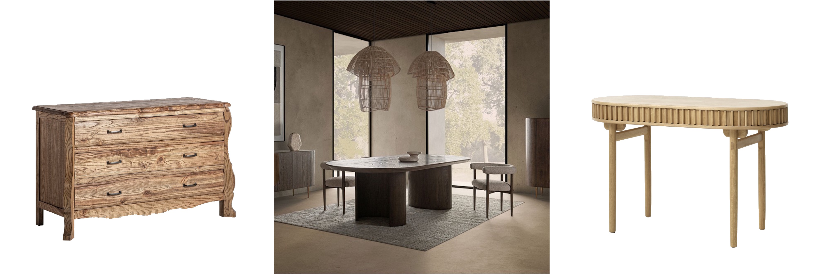 Luxusní dřevěný nábytek rustikální komoda Valletta se třemi šuplíky s výraznou strukturou a art deco jídelní sestava Nisi v tmavě hnědé barvě a oválný psací stůl Roskilde v retro stylu z dubového dřeva