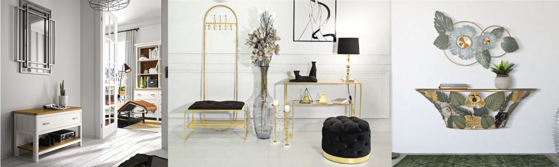 Designový nábytek do předsíně multifunkční venkovský bílý botník Cerdena s úložným prostorem a hnědou deskou a glamour sestava předsíňového nábytku Araccia ve zlaté barvě s černým sametovým potahem a designový konzolový stolek Exotica s bohatým florálním zdobením ve zlaté a zelené barvě