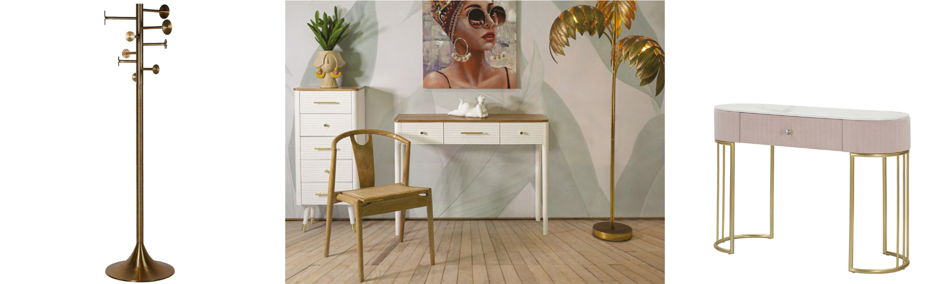 Designový glamour nábytek do vstupní haly zlatý kovový retro věšák Adarra s kulatými úchyty a sestava chodbového nábytku Samira v bílé barvě v art deco stylu a konzolový glamour stolek s růžovým sametovým potahem Glamia Tapisé