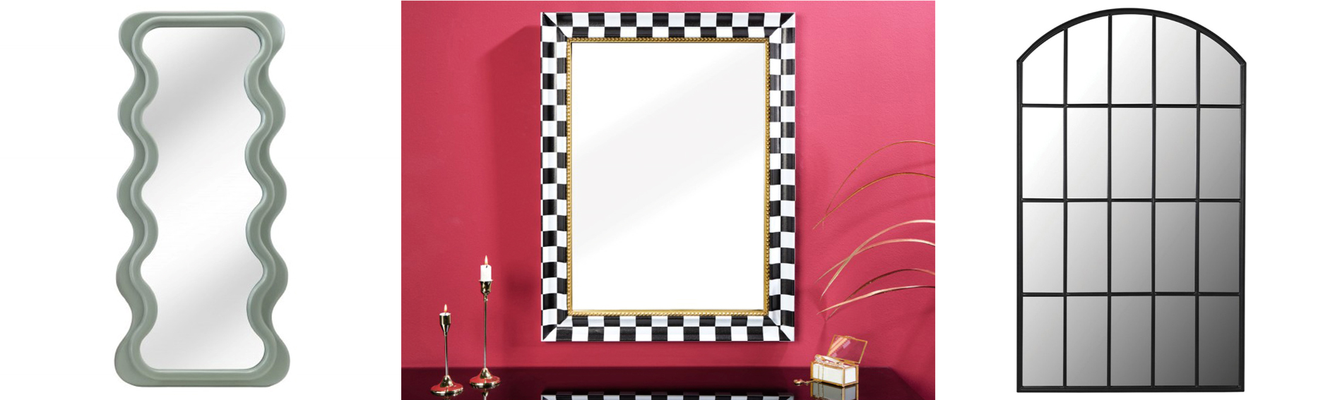 Designová stylová nástěnná zrcadla vysoká moderní zrcadlo Swan se zvlněným zeleným rámem a nástěnné glamour zrcadlo Aliem s černo-bílým šachovnicovým rámem a zlatým akcentem a vysoké industriální klenuté zrcadlo Arc s černým tabulovým rámem