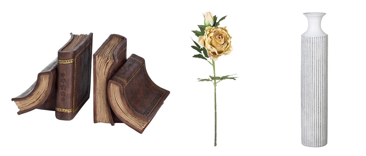 Designové zarážky na knihy, dekorační růže žluté barvy, elegantní bílá váza