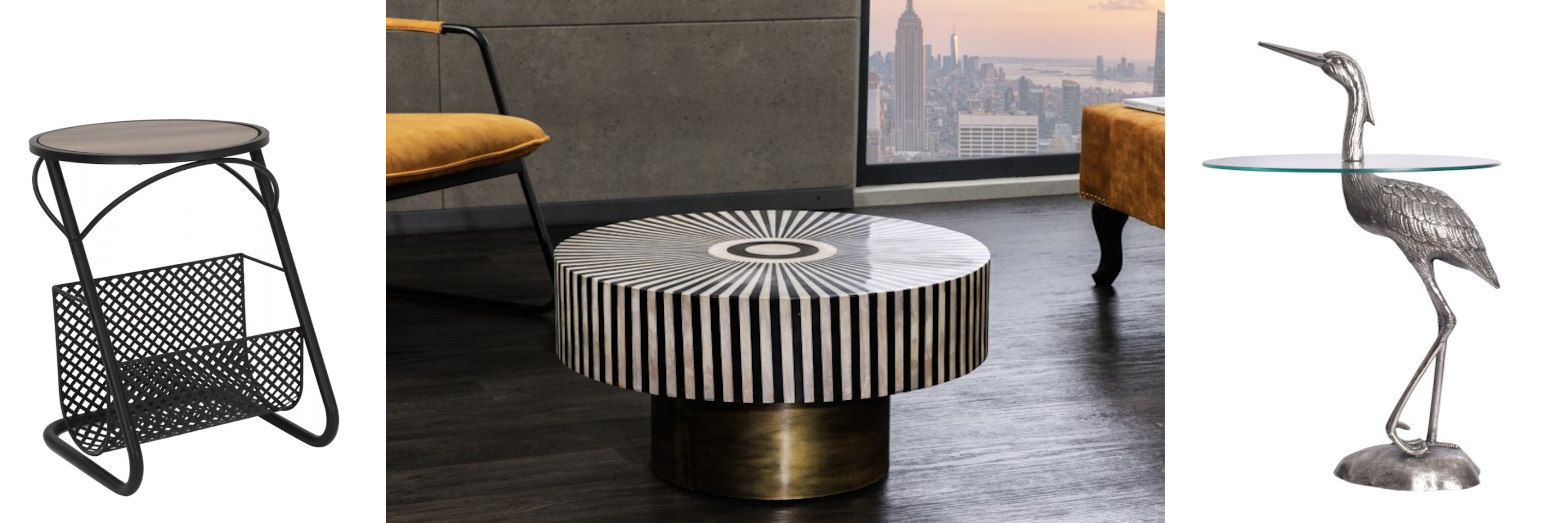 Art deco kulatý černobílý konferenční stolek Hypnotique se zlatou nohou a instarzí a příruční stolek Lennox v industriálním stylu se stojanem na časopisy a kulatý skleněný příruční stolek Ardea s podstavou ve tvaru stříbrného jeřábu