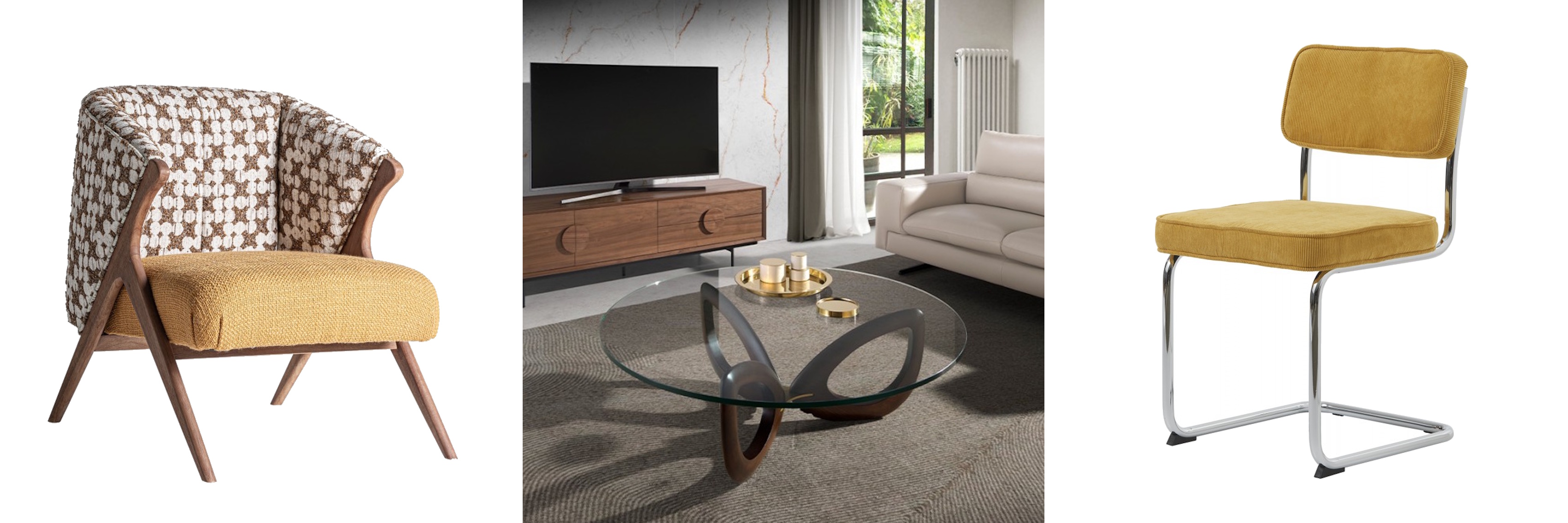 Designový nábytek v mid century modern stylu křeslo Brilon se žlutým a hnědo-bílým vzorovaným potahem a dřevěným rámem a moderní kulatý skleněný konferenční stolek Forma Moderna s atypickými ořechovými nohami a konzolová židle Bente se žlutým potahem a chromovým rámem
