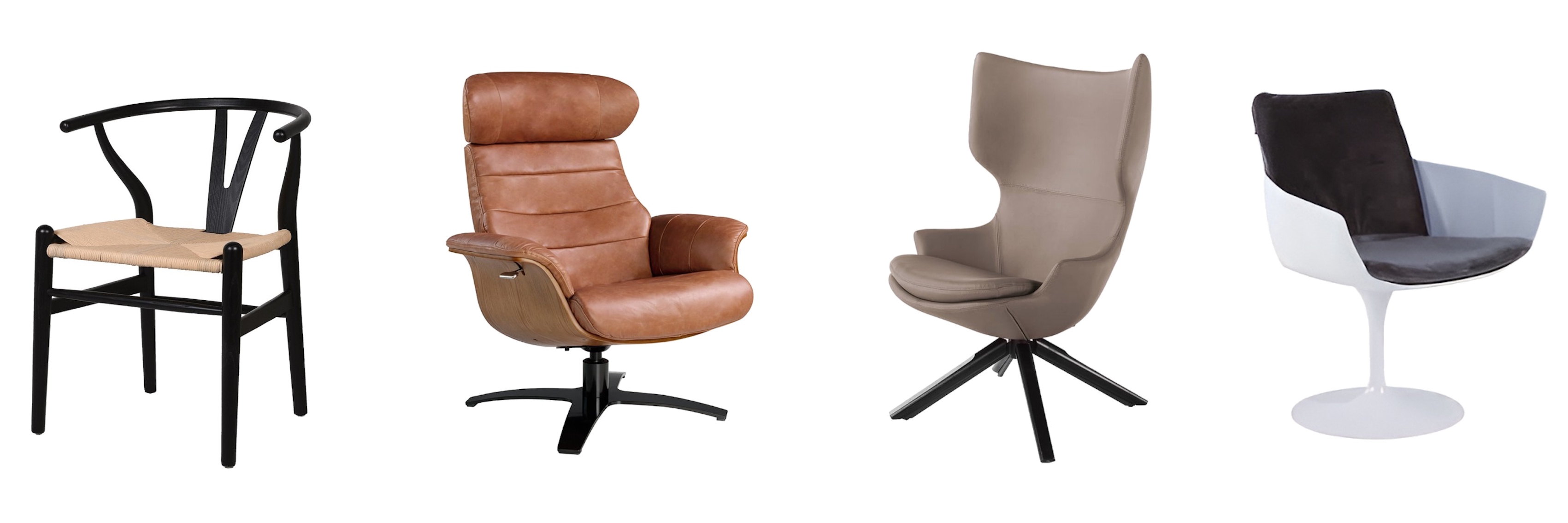 Ikonické modely mid century modern stylu černá wishbone jídelní židle Gaffelboen se světlým výpletem a hnědé kožené křeslo Forma Moderna ve stylu Eames Lounge Chair a šedé kožené křeslo Vita Naturale ve tvaru egg a bílé jídelní křeslo Vito s černým čalouněním a podstavou inspirovanou kolekcii Tulip