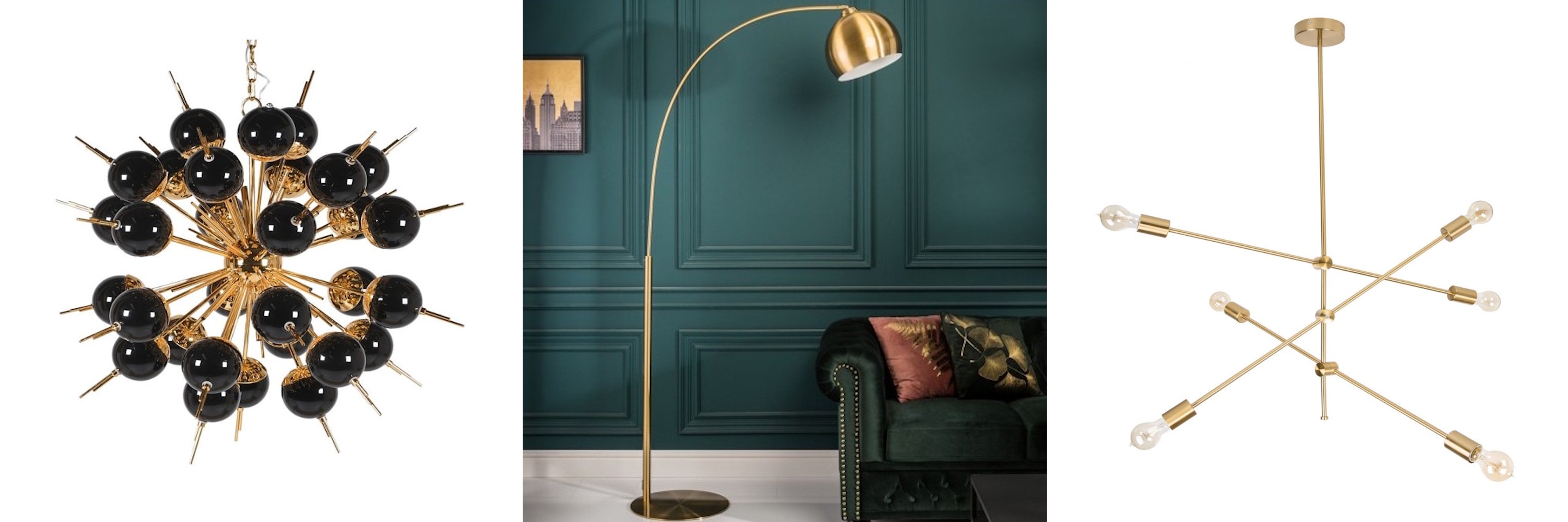 Luxusní svítidla v mid century modern stylu lustr Starlight s černými skleněnými stínítky a zlatou konstrukcí a zlatá stojací lampa Georgia s kovovým stínítkem a obloukovým ramenem a závěsná lampa Elke ve stylu Sputnik se šesti rameny