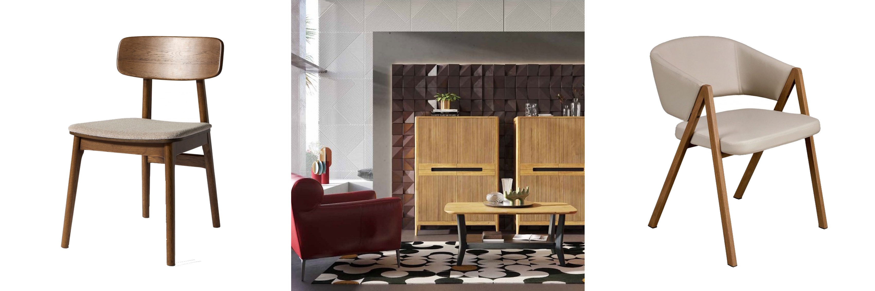 Luxusní masivní nábytek s nádechem mid century modern stylu skandinávská jídelní židle Vimo s tmavým dubovým rámem a taupe potahem a retro obývací sestava Tallin v hnědé a černé barvě s žebrovaným zdobením a luxusní ořechová židle Forma Moderna s šedým potahem