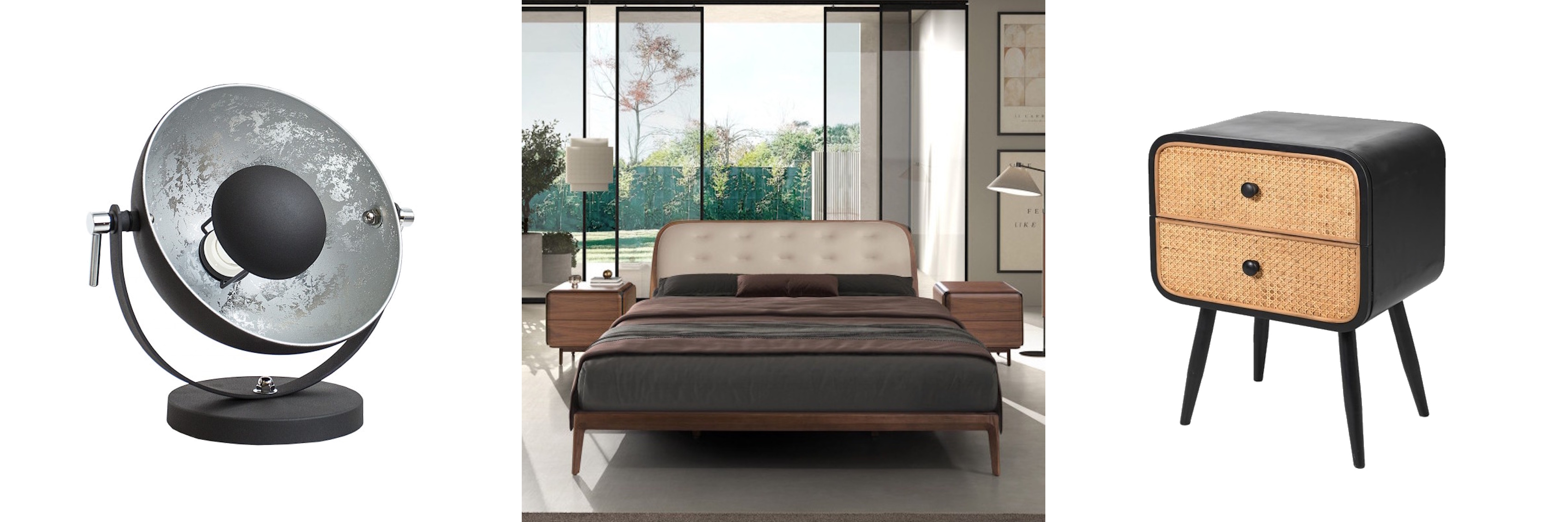 Luxusní ložnicový nábytek inspirovaný mid century modern stylem černá stolní lampa Studio ve tvaru satelitu a luxusní manželská postel Vita Naturale s ořechovým rámem a koženým krémovým čelem a černý noční stolek Omahu na vysokých nožičkách s ratanovým výpletem na zásuvce